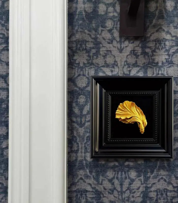 Elegant Betta Fish Wall Art - Hand-Painted Gold Sculpture in Black Wooden Frame