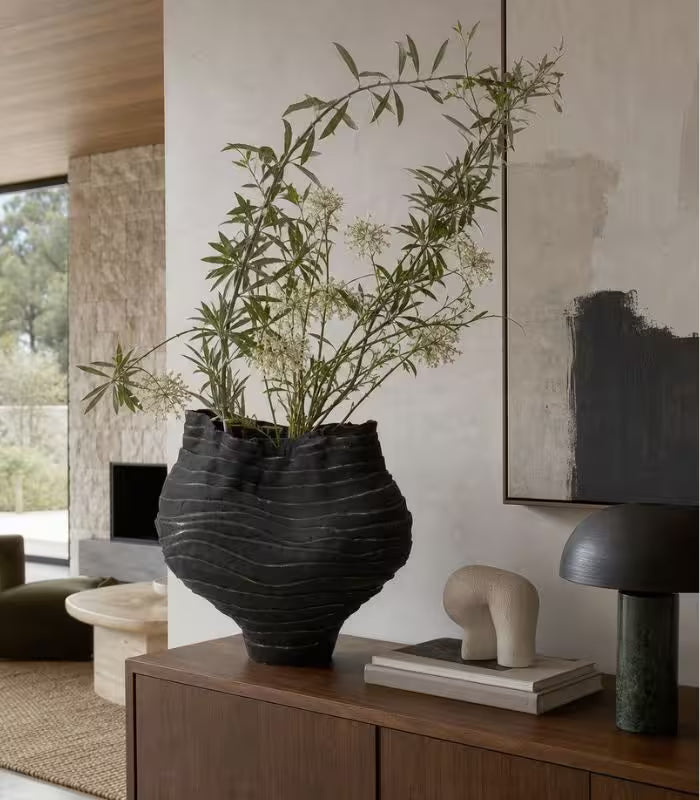 Nairi Large Handmade Ceramic Vase – Matte Black Ridged Sculptural Vessel, Table or Floor
