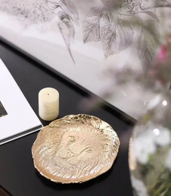 Majestic Lion Embossed Metal Jewelry Tray - Elegant Decorative Catchall Dish