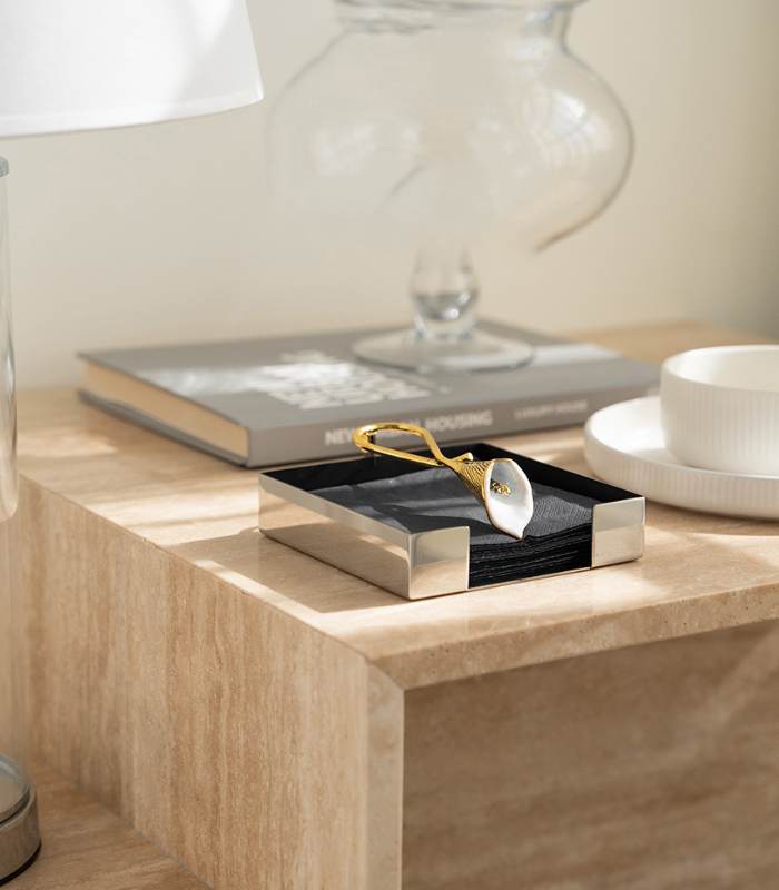 Handcrafted Stainless Steel Napkin Holder with Hand-Painted Golden Calla Lily - 13x13cm