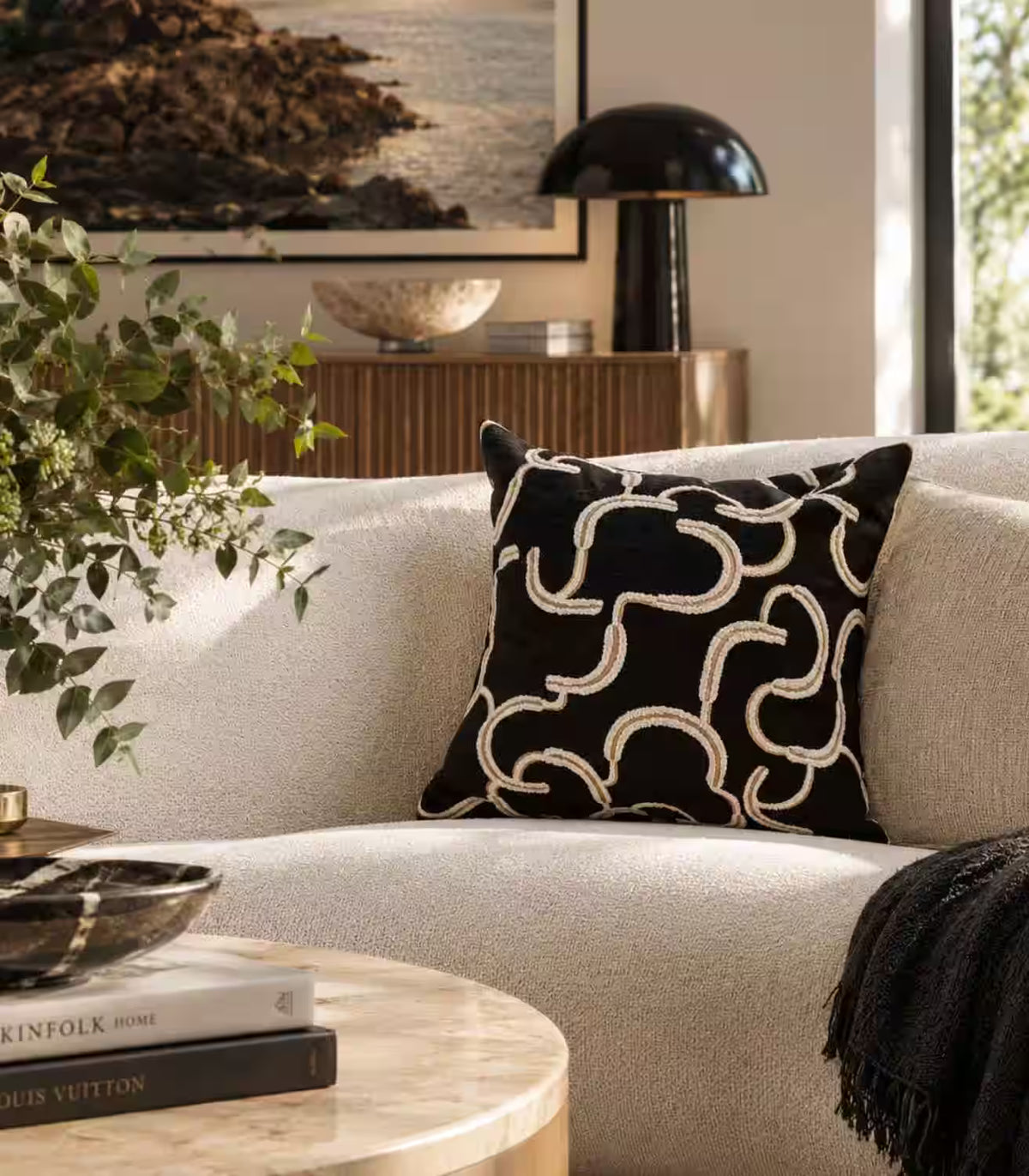 Odessa Black Jacquard Cushion Cover – Ivory & Gold Abstract Swirl, 2 Sizes