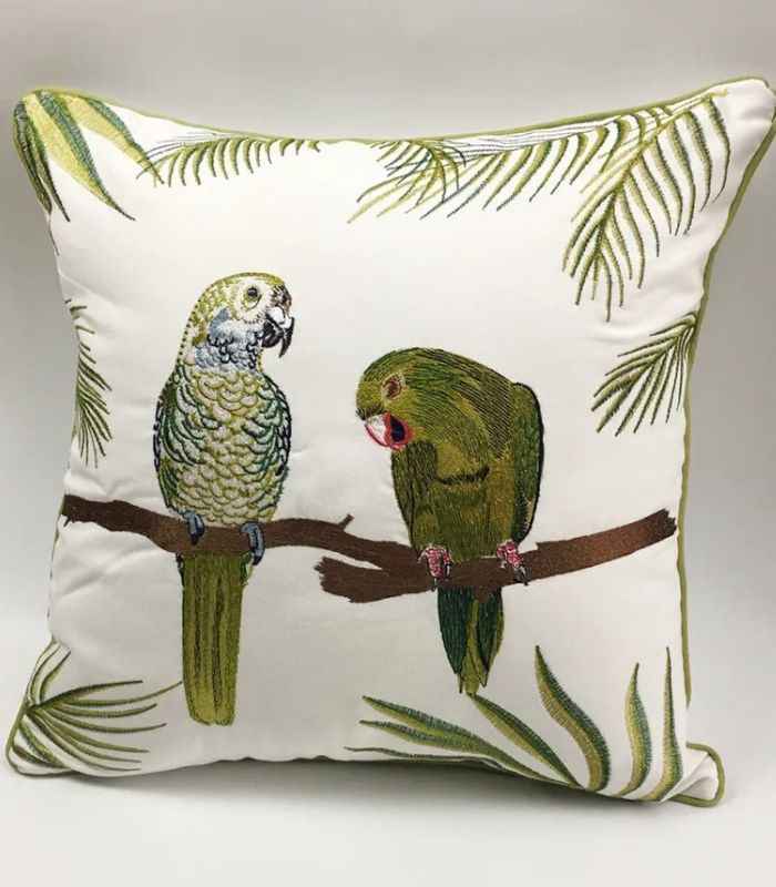 Cushion Cover with Parrots Embroidery Green & White 45x45cm