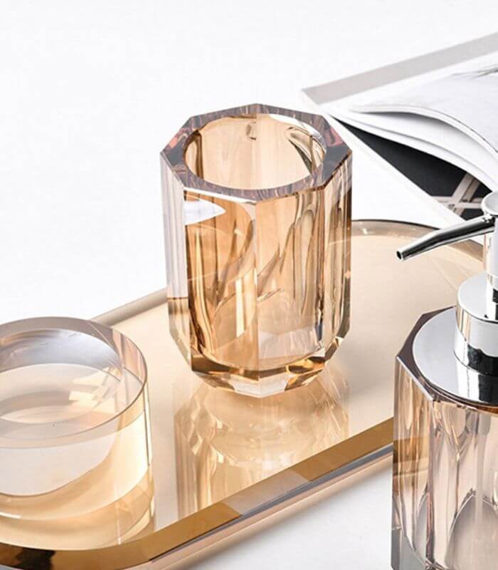 Badezimmerbecher aus Kristallglas – Moderner geometrischer Zahnbürstenhalter – Bernsteinfarbenes Badezimmeraccessoire