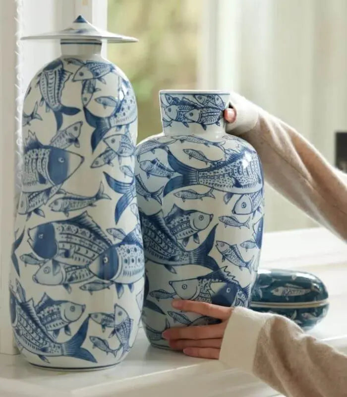 Blue Waters Fish Collection Porcelain Decorative Vase - Handcrafted Coastal Home Decor