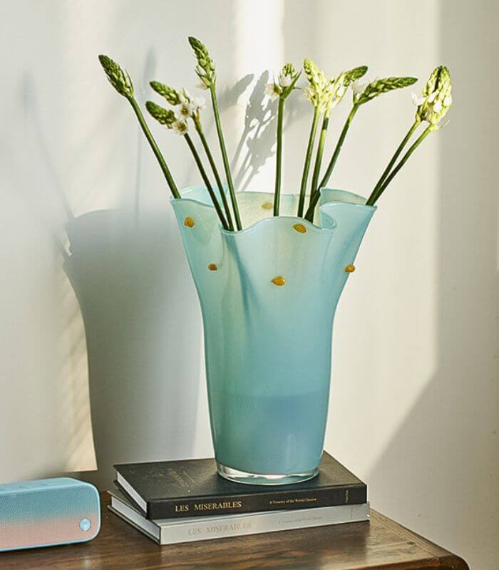 Handcrafted Turquoise Blue Glass Tabletop Vase with Gold Polka Dots - Modern Ruffled Design 34 cm