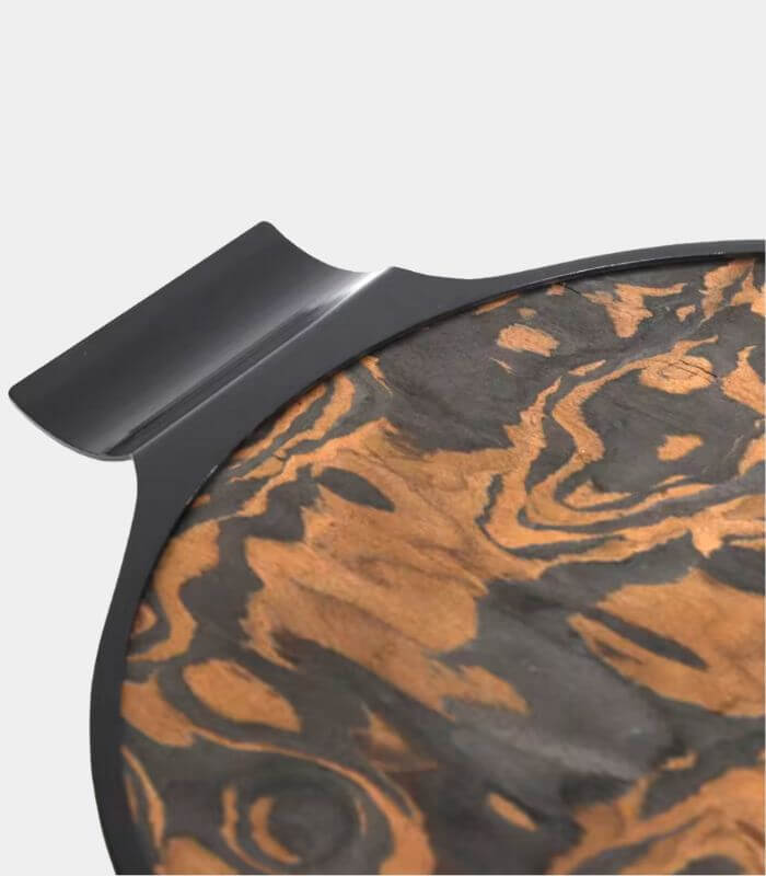 Modern Marbled Round Serving Tray with Handles - Black Metal & Natural Wood Swirl Pattern (35 cm/13.8")