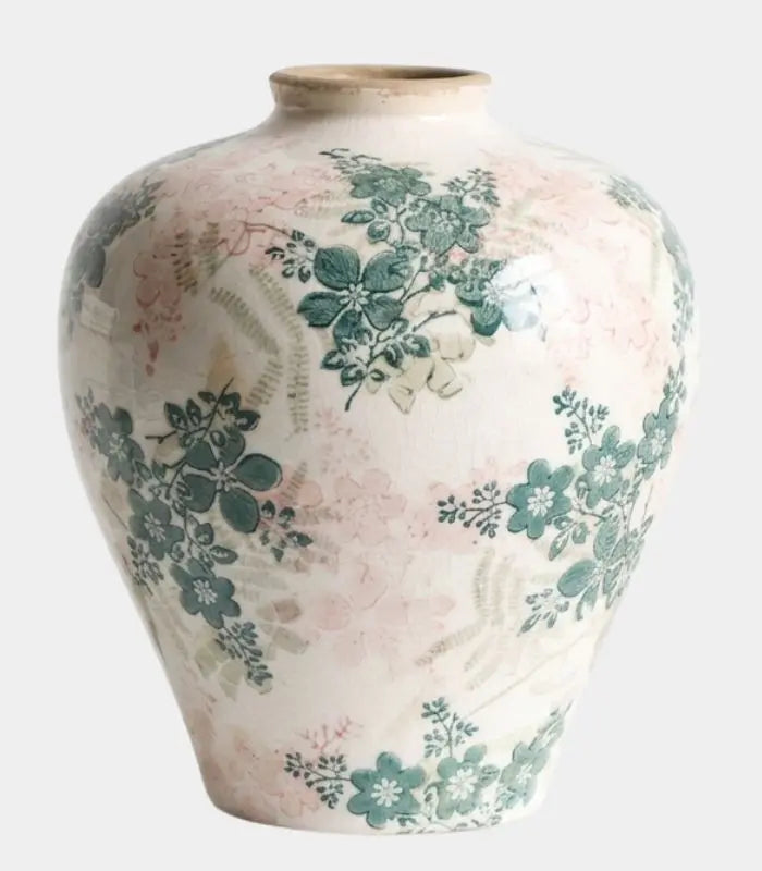 Solène Handcrafted Crackle-Glaze Porcelain Vase – Vintage Floral Ginger Jar, Pink & Green 23 cm (9.1 in)