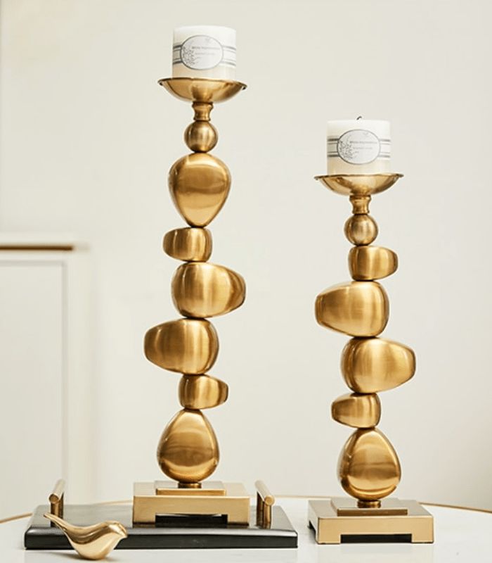 Sculptural Gold-Tone Pillar Candle Holders - Organic Pebble-Inspired Shape