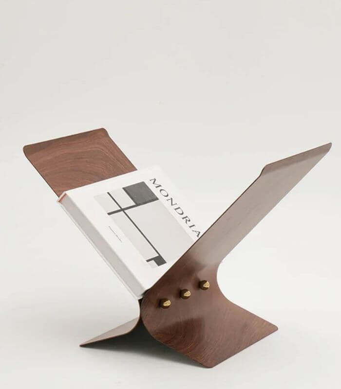 Modern Magazine Holder | Metallic Wood Grain Stand | Contemporary Display Rack