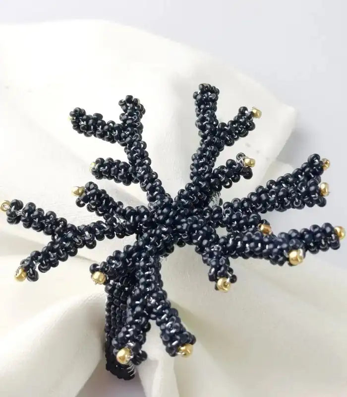 Set 12 Pcs Obsidian Coral Branch Napkin Rings – Handcrafted Beaded Table Décor Set