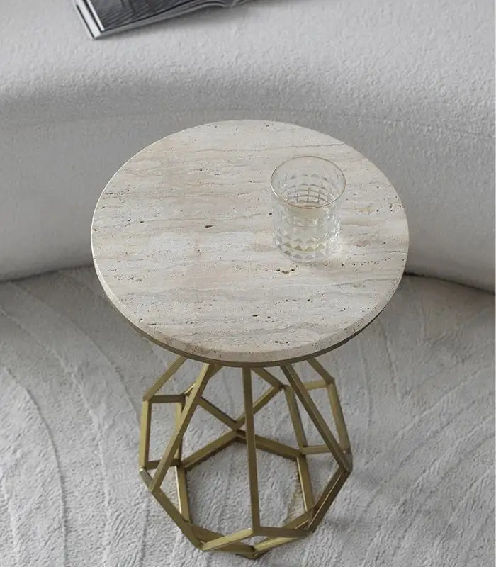 Astoria Geometric Travertine & Iron Side Table – Contemporary Natural Stone Design
