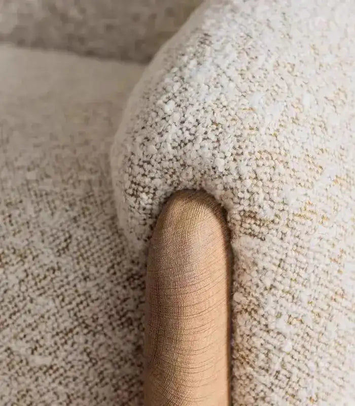 Modern Sculptural Lounge Chair – Contemporary Ash Wood & Bouclé Design