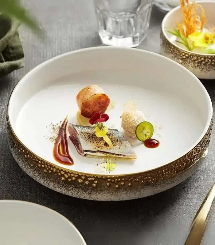 Japanese Style Ceramic Round Dinnerware Set in Gold and White Bowl