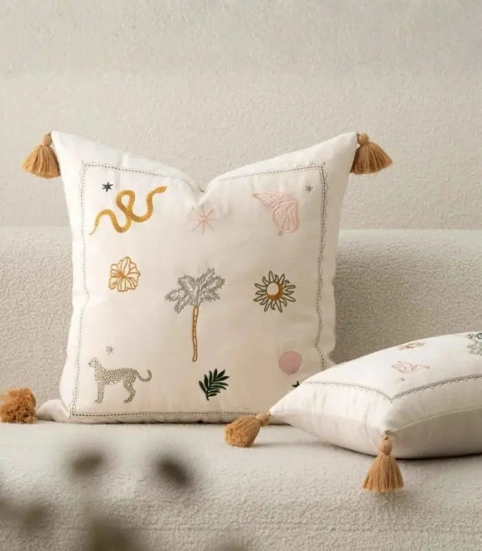 Sahara Embroidered Cushion Cover – Botanical Wildlife Tassel Design