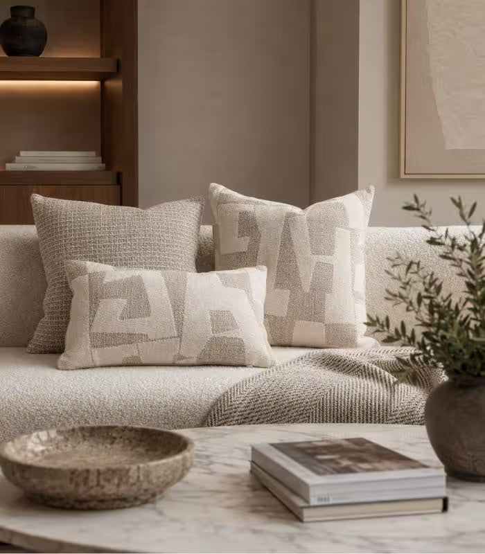 Abstract Geometric Jacquard Cushion Cover — Sand & Ivory Woven Textile