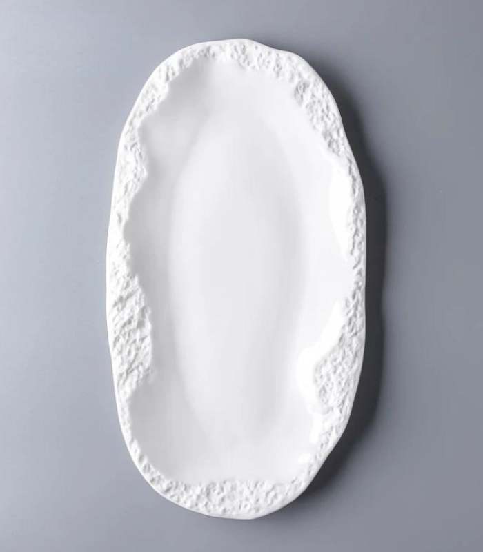 Rustic White Ceramic Serving Platter - 31cm Oval Stoneware Plate, Embossed Stone Pattern