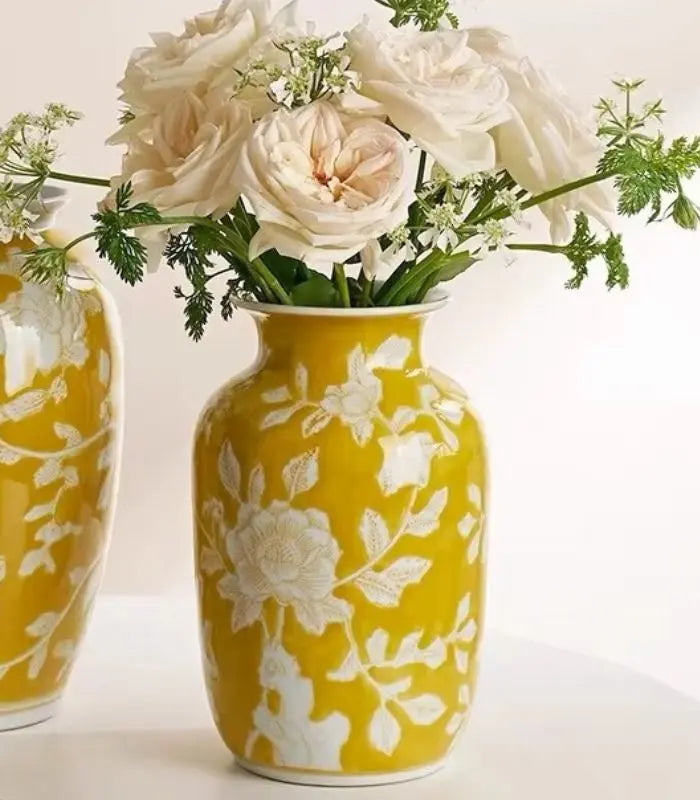 Aurelia Yellow Floral Ceramic Vase – Hand-Painted Botanical Design 23 cm
