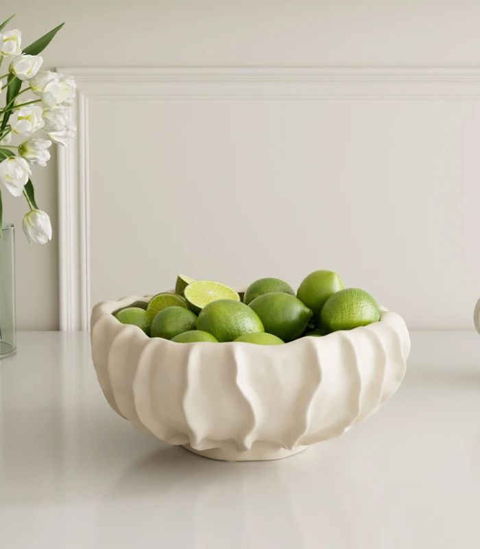 Camille Artisan Ceramic Fruit Bowl - Handcrafted Decorative Wave Design in Ivory White