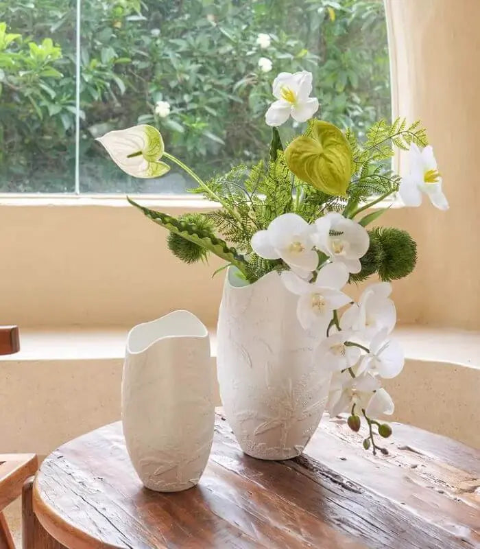 Large Ceramic Vase Embossed Tropical Palm 36 cm