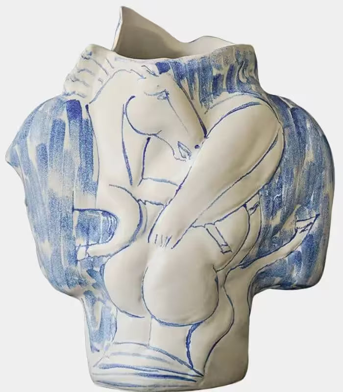 Artisan-crafted Ceramic Tabletop Vase Large Cream White and Blue Double-sided 38 cm
