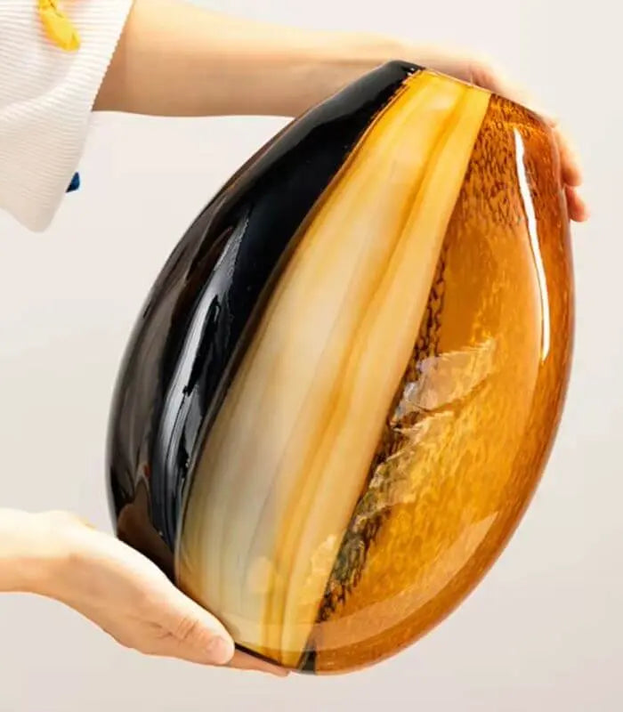 Tri-Color Amber Fusion Glass Vase - Modern Art Deco Style Tabletop Vase