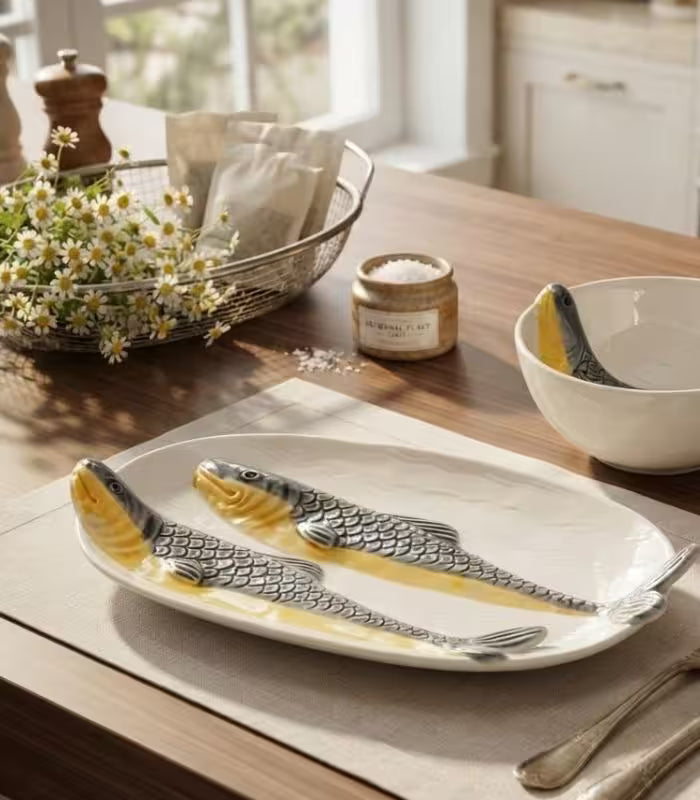 Pescara Hand-Painted Ceramic Platter & Bowl | Sculptural Fish Serveware