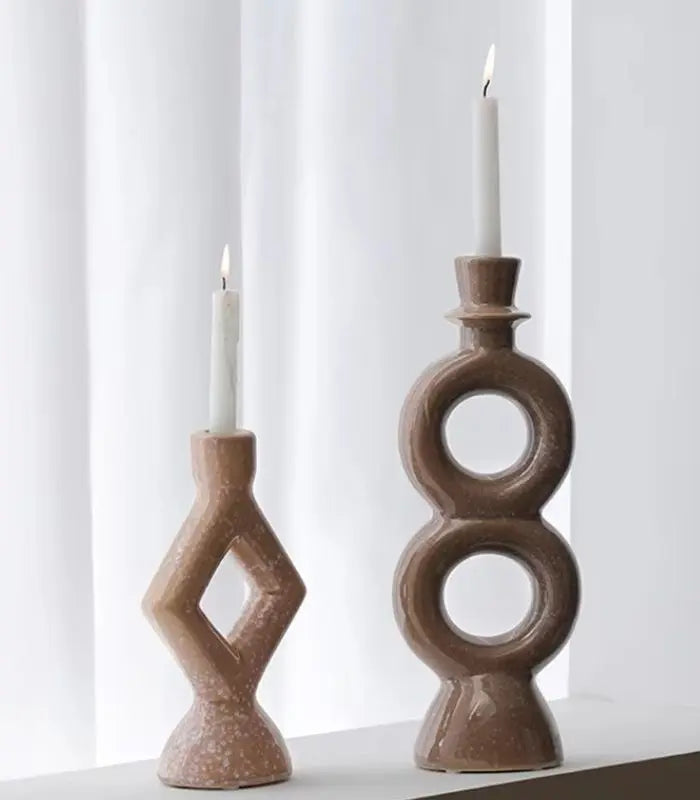 Geometric Candle Holders – Sculptural Statement Ceramic Brown