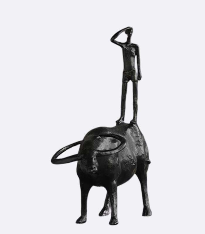 Modern Abstract Man and Bull Resin Sculpture - Striking Black Finish