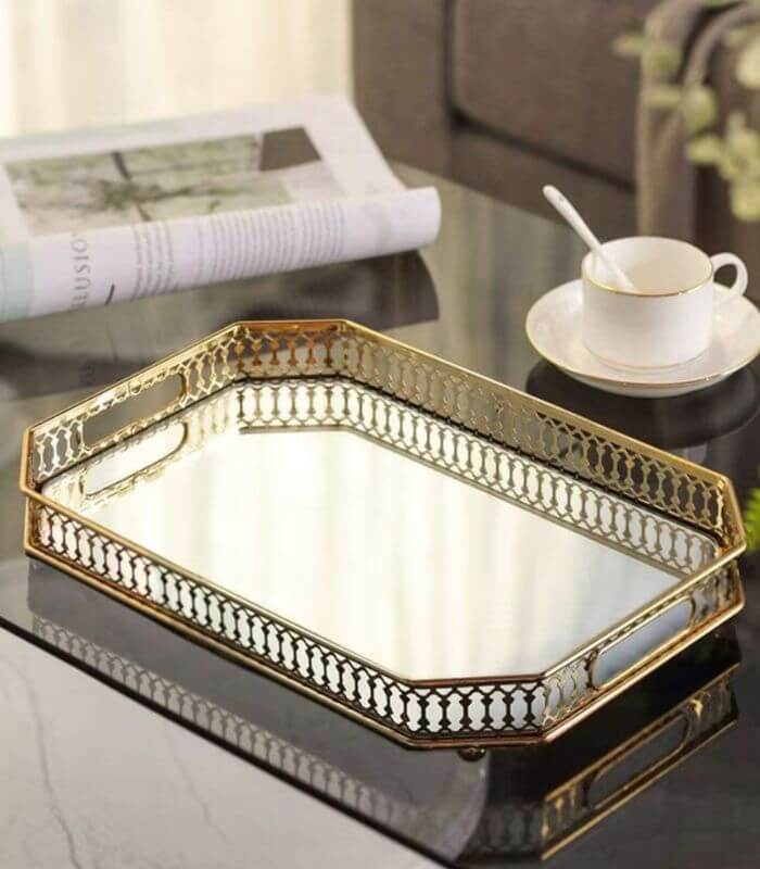 Vintage European Gold Mirror Metal Tray Rectangular 29cm, Mirror Tray