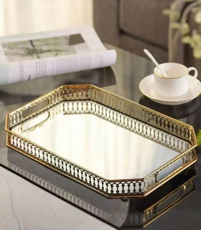 Vintage European Gold Mirror Metal Tray Rectangular 29cm, Mirror Tray