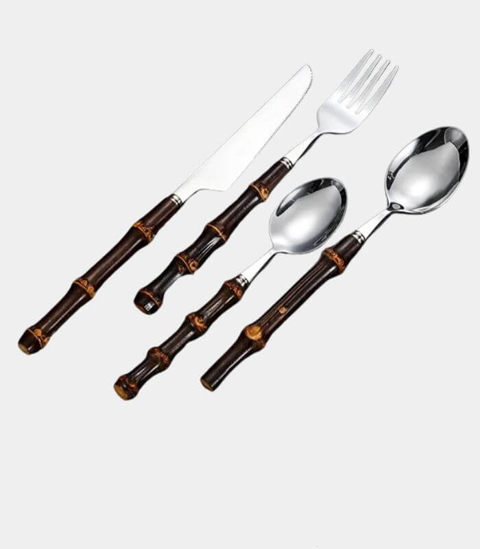 24 Pc Natural Bamboo Handle Cutlery Set Stainless Steel Flatware Dark Bamboo