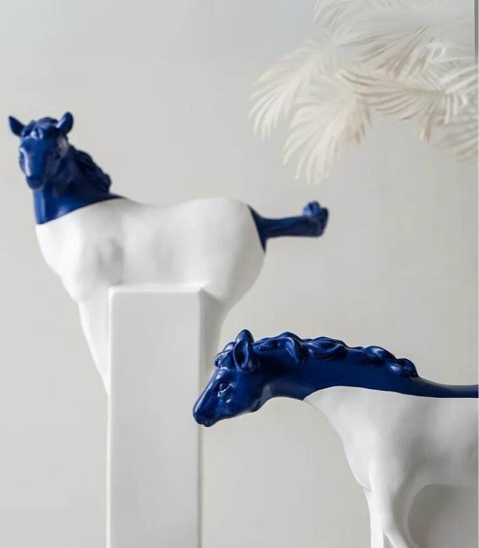 Abstract Horse Decorative Sculpture Resin White & Blue