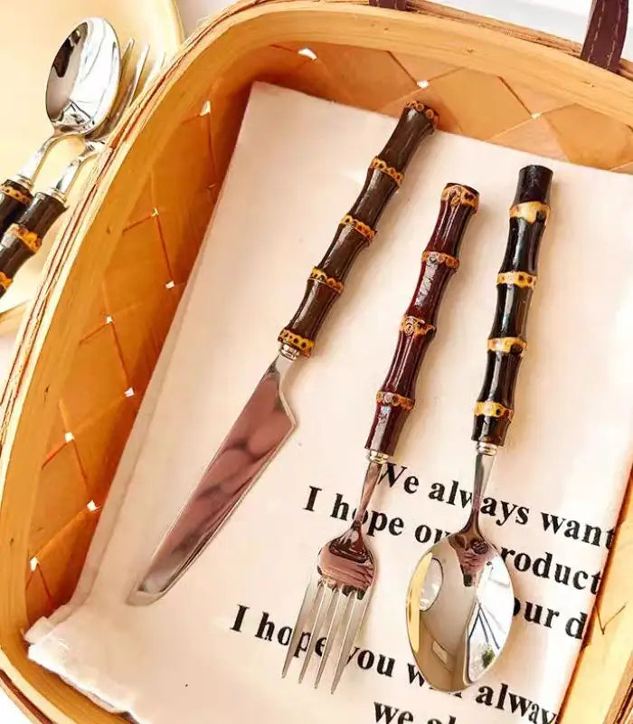 24 Pc Natural Bamboo Handle Cutlery Set Stainless Steel Flatware Dark Bamboo