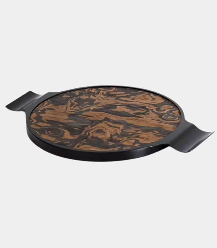 Modern Marbled Round Serving Tray with Handles - Black Metal & Natural Wood Swirl Pattern (35 cm/13.8")