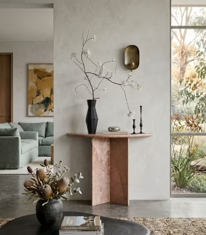 Rosetta Pink Marble Console Table – Natural Stone Arch Design for Entryway and Living Room