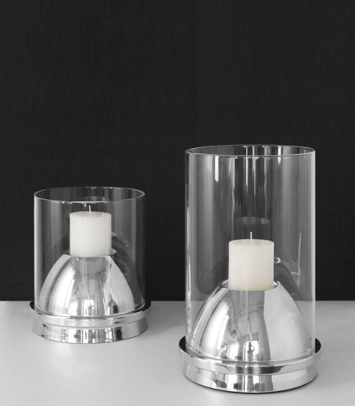 Modern Glass and Steel Hurricane Candle Holders