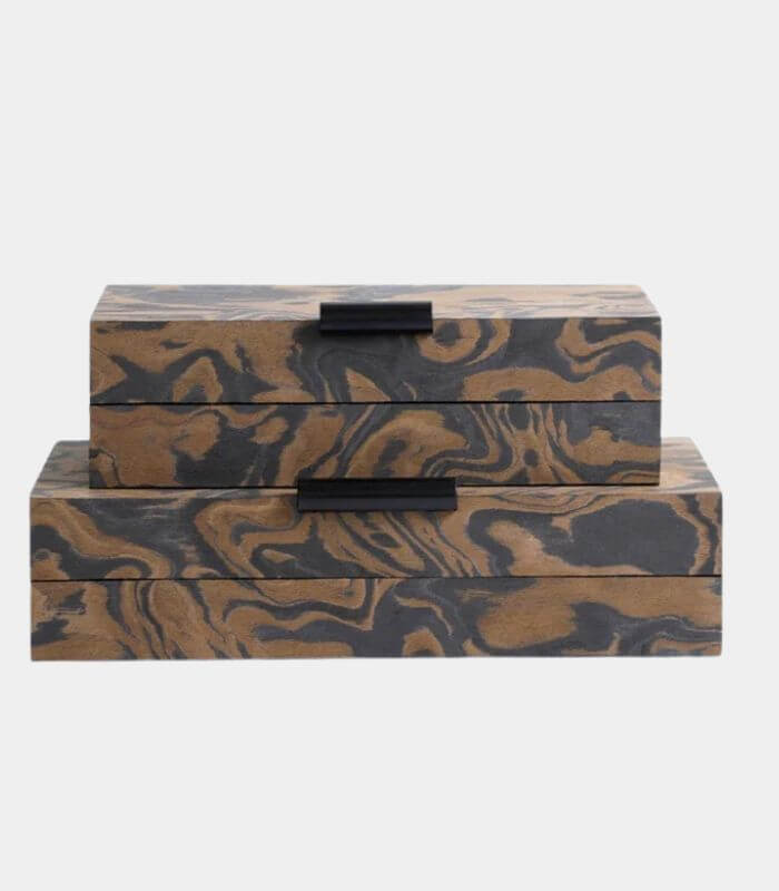 Artisan Marbled Wood Storage Box Set - Handcrafted Decorative Boxes with Metal Handles