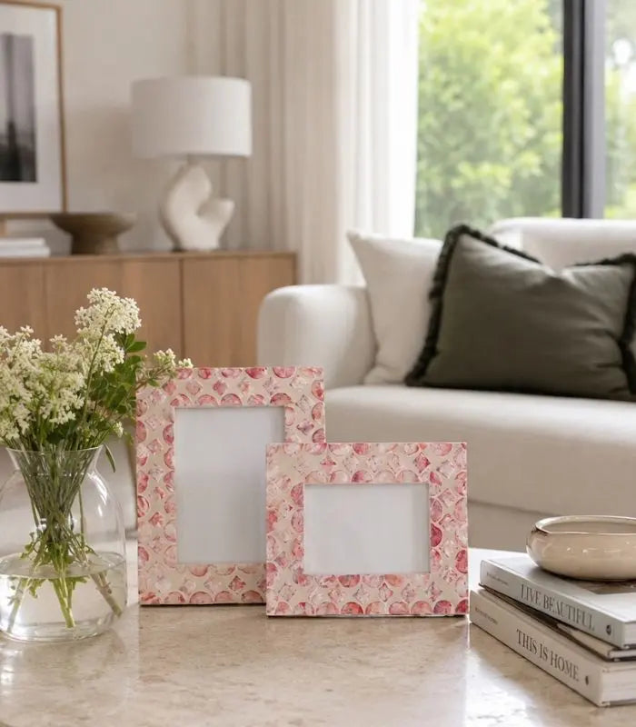 Coralie Handcrafted Shell Photo Frame – Pink Mosaic Mother-of-Pearl, 2 Sizes