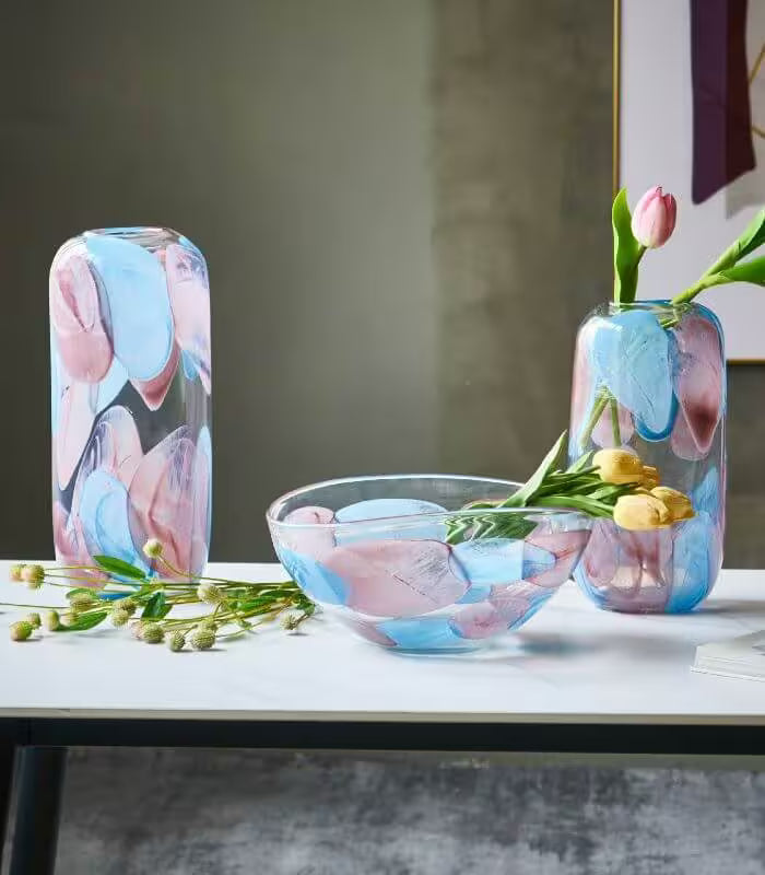Sancia Azure Bloom Handcrafted Glass Vases and Bowl Blue & Pink