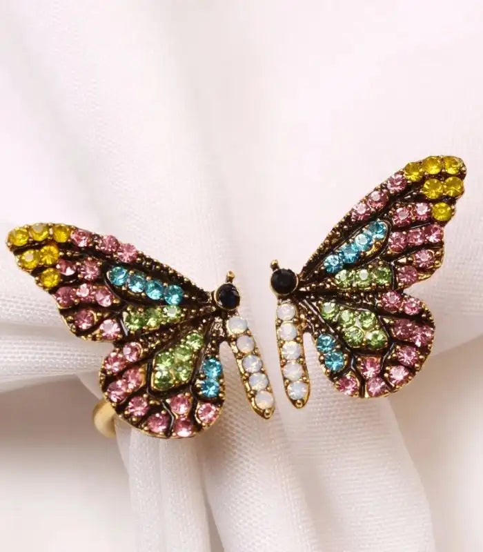 Set 6 Pcs Jeweled Butterfly Napkin Ring Set – Multicolor Crystal Design