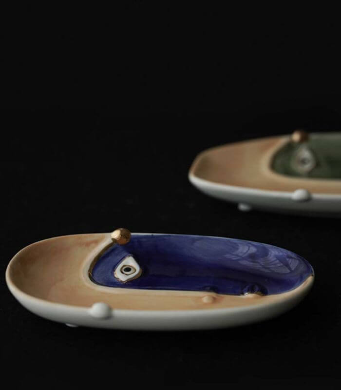 Artisanal Dual-Tone Face Ceramic Decorative Dish | Modern Abstract Art Catchall Tray