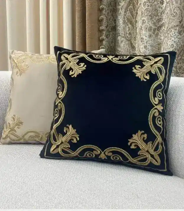 Baroque Embroidered Velvet Cushion Cover - Metallic Thread Border Design - 45x45cm (18x8) - Decorative Throw Pillow Cases