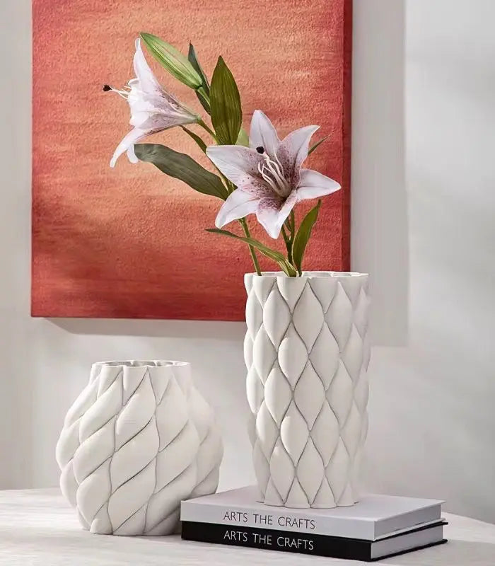 Artisanal 3D Printed Quilted Ceramic Vase Modern Geometric Design