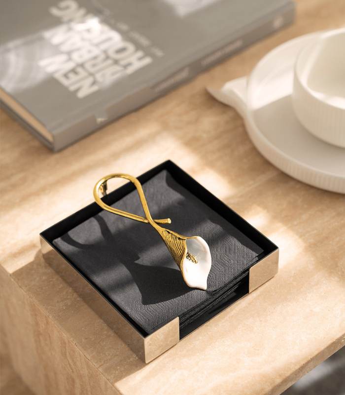 Handcrafted Stainless Steel Napkin Holder with Hand-Painted Golden Calla Lily - 13x13cm