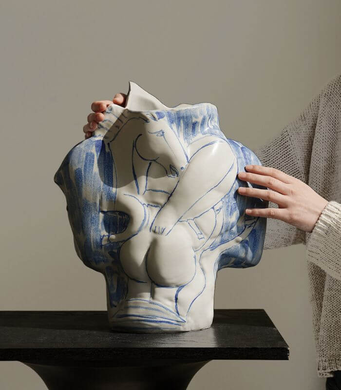 Artisan-crafted Ceramic Tabletop Vase Large Cream White and Blue Double-sided 38 cm