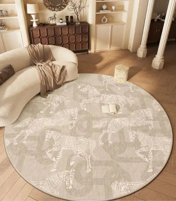 Equestrian Toile Round Rug – Classic Carousel Horse Design Grey
