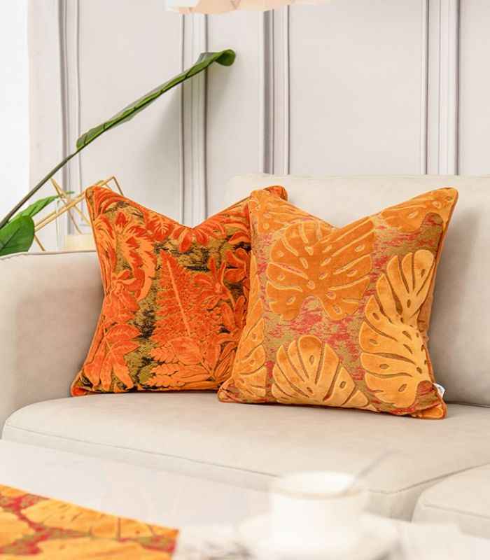 Velvet Floral Garden Cushion Cover Velvet Embroidery Orange