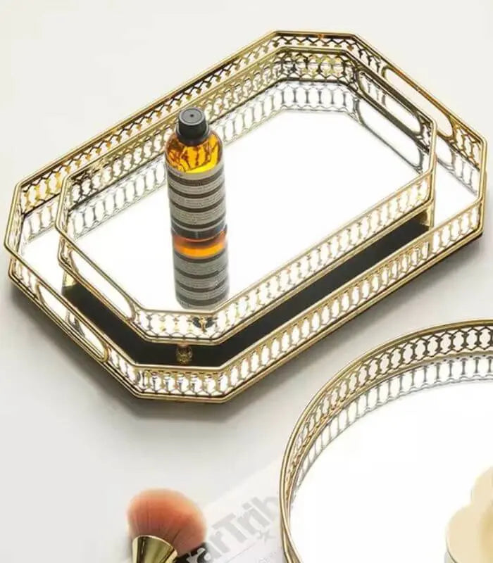 Vintage European Gold Mirror Metal Tray Rectangular 35cm