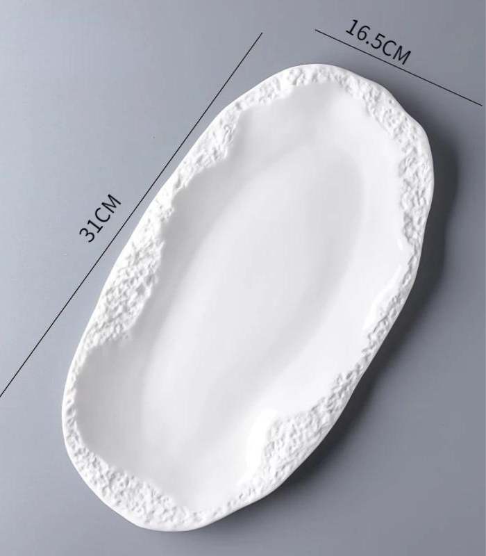 Rustic White Ceramic Serving Platter - 31cm Oval Stoneware Plate, Embossed Stone Pattern