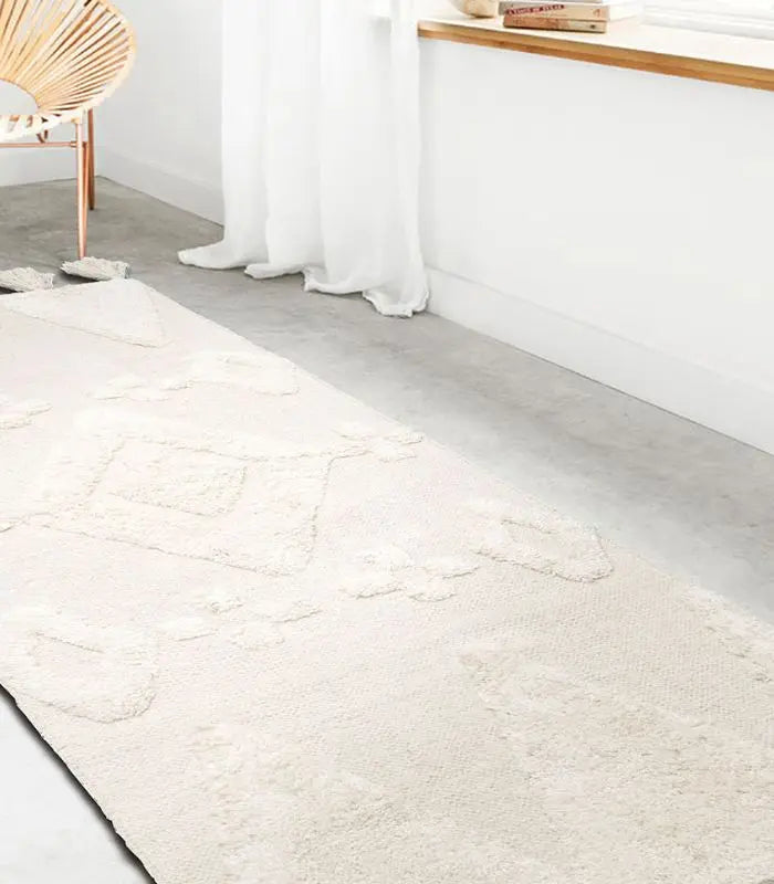 Moroccan Tassel Handmade Rug Beige & White Soft Cotton Non-slip Rug